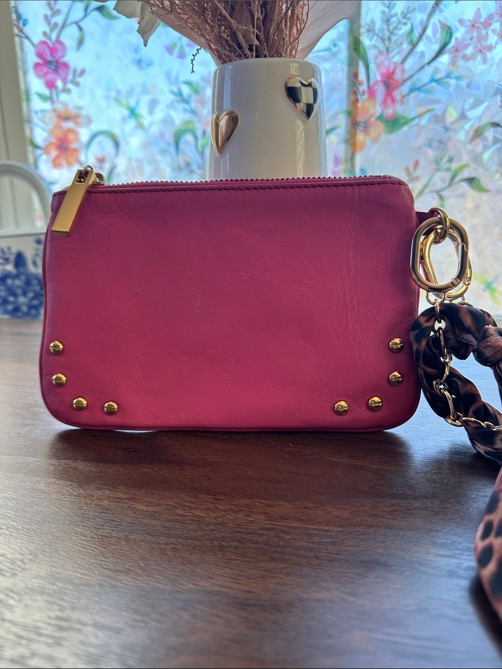 Tory Burch Magenta Pink wristlet clutch Leather Pouch Leopard Strap